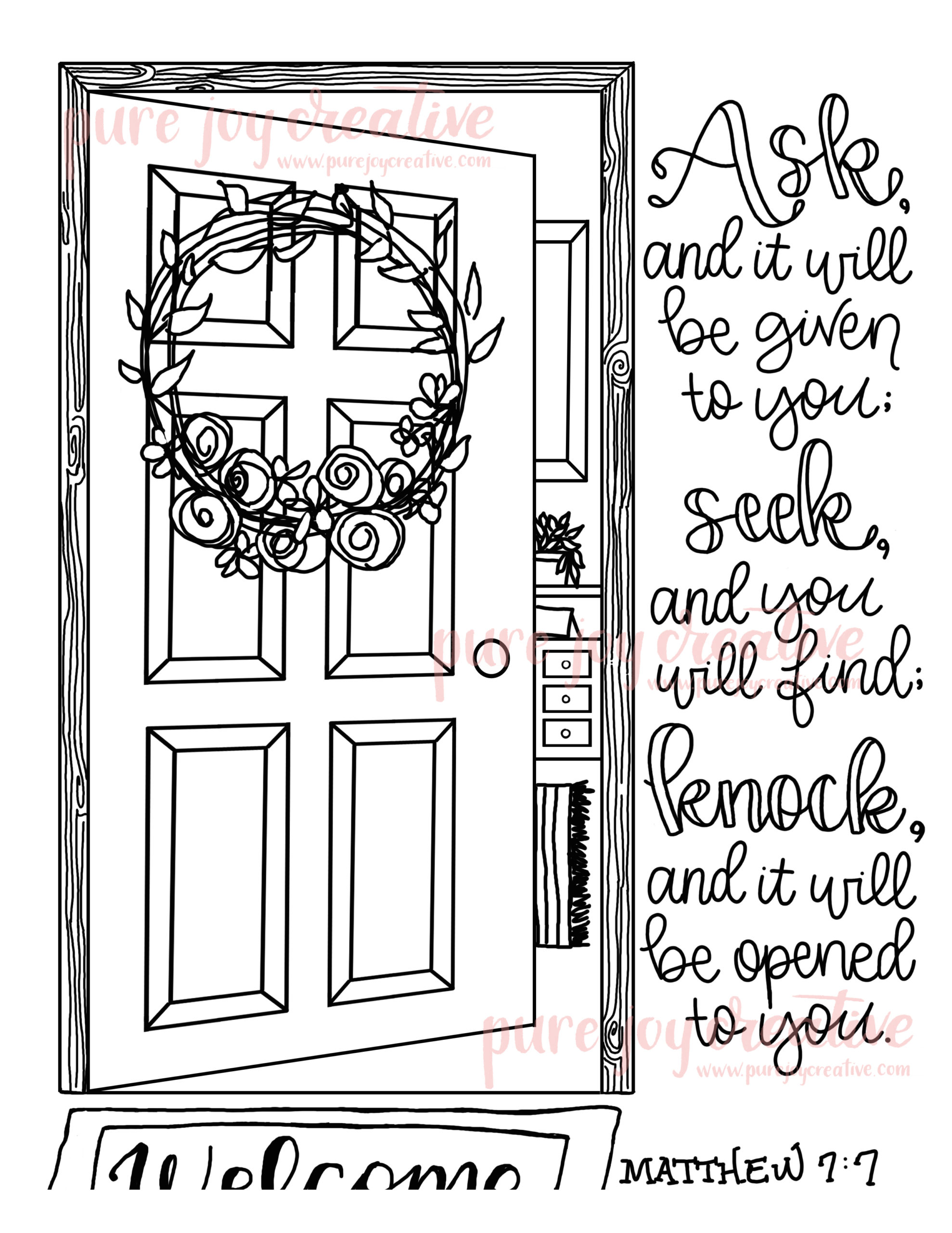 Ask, Seek, Knock, coloring page, Bible verse art, Coloring book art ...